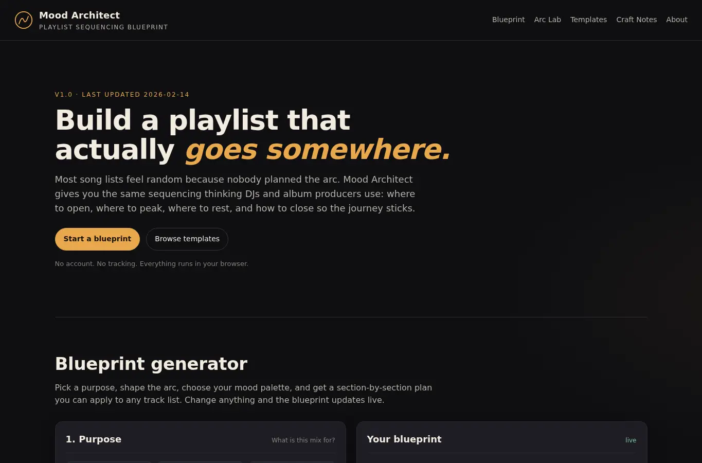 Screenshot of Mood Architect - Playlist Sequencing Blueprint Generator interface showing the project page in use